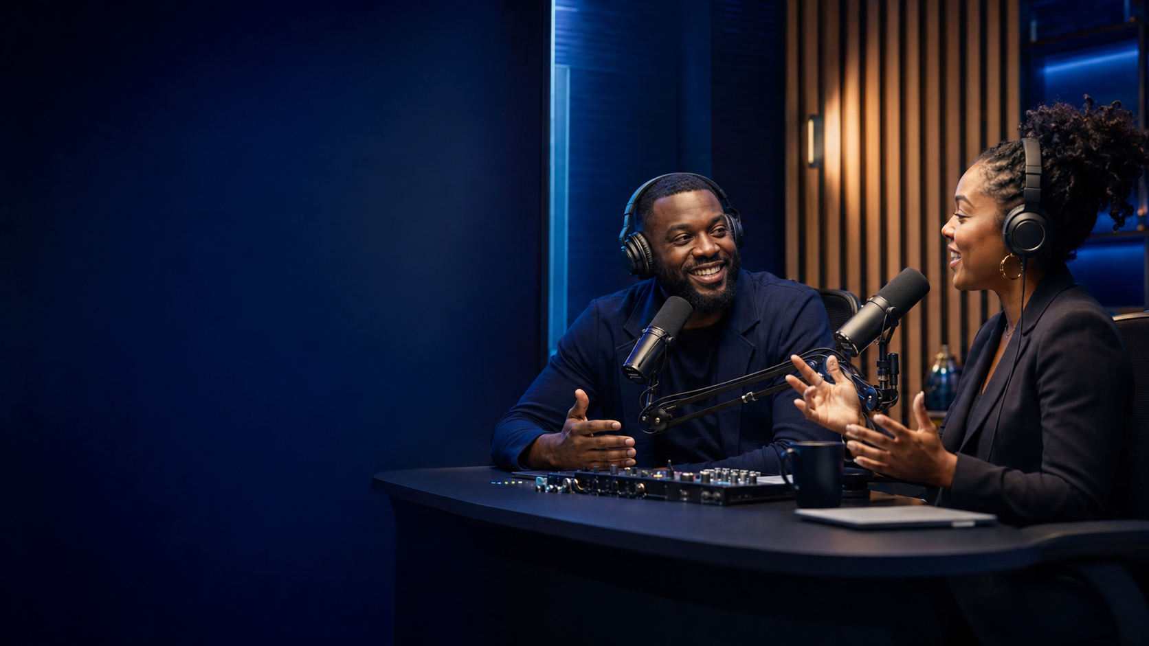 Two hosts recording a modern podcast conversation
